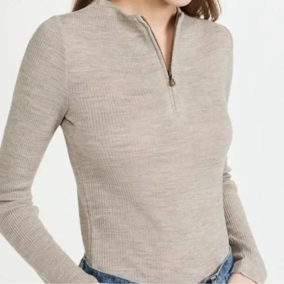 Vince Ribbed Wool Blend Quarter Zip Sweater Pullover Size Small Heather Birch - Picture 1 of 8